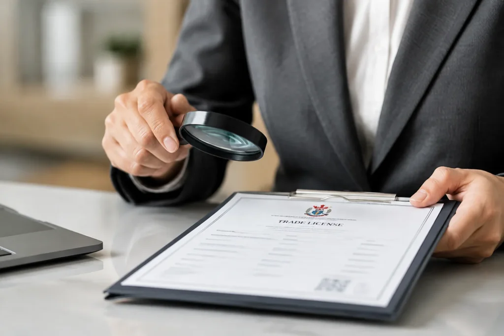 Trade License in UAE: What Importers Should Understand Before Starting Operations Businessperson in a gray suit examining a trade license with a handheld magnifying glass over a clipboard document on a desk